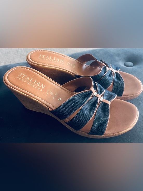 Italian Shoemakers Shoes - Italian Shoemakers Navy Denim and Tan Wedge Sandals/10